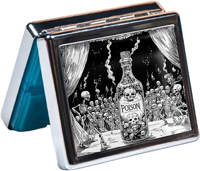 7 Days Chromed Shiny Silver Pill Organizer with Mirror Inside Has 8 Separate Compartments Rectangle Cute Travel Pill Organizer for Purse 7 Days (A Flock of Skeletons)