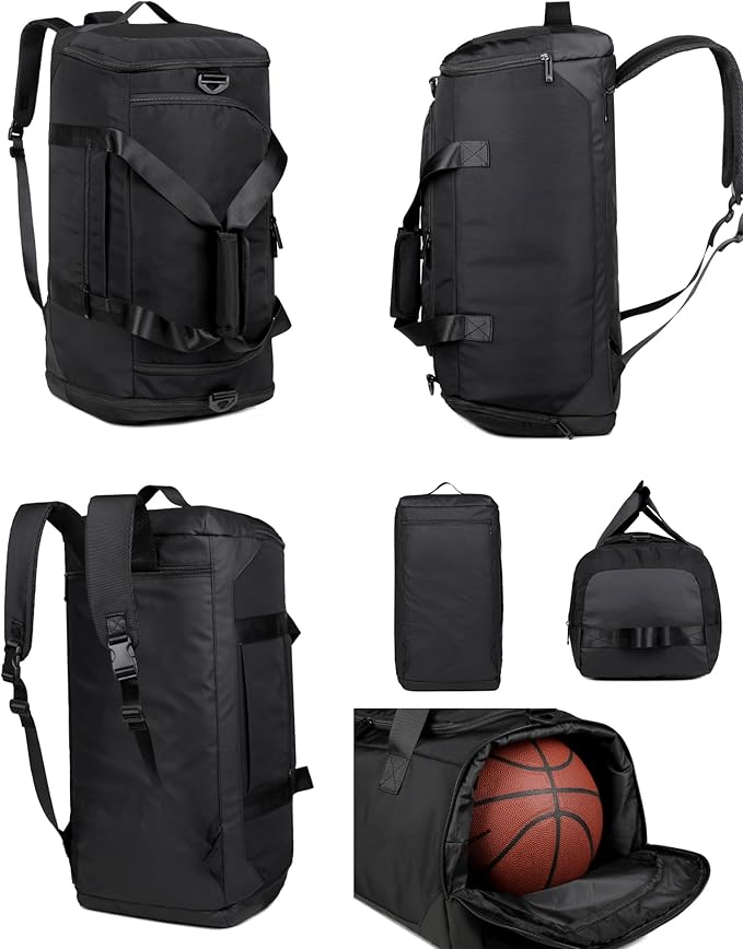 Travel Duffle Bag Backpack for Men Women, 50L Sports Gym Bags with Shoe Compartment & Wet Pocket, Waterproof Carry On Bag Backpack for Workout, Fitness, Overnight Trips Black