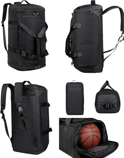 Travel Duffle Bag Backpack for Men Women, 50L Sports Gym Bags with Shoe Compartment & Wet Pocket, Waterproof Carry On Bag Backpack for Workout, Fitness, Overnight Trips Black