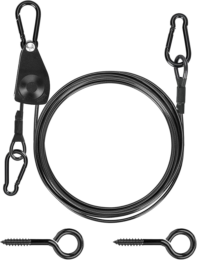 TooTaci 15ft Outdoor Clothesline Kit, 3/16" Black PVC Coated Wire Rope Heavy Duty Portable Clothes Line Kit with Self-Locking Pulley, Screw Hook & Snap Hook for Camping, Backyard, Balcony, Travel