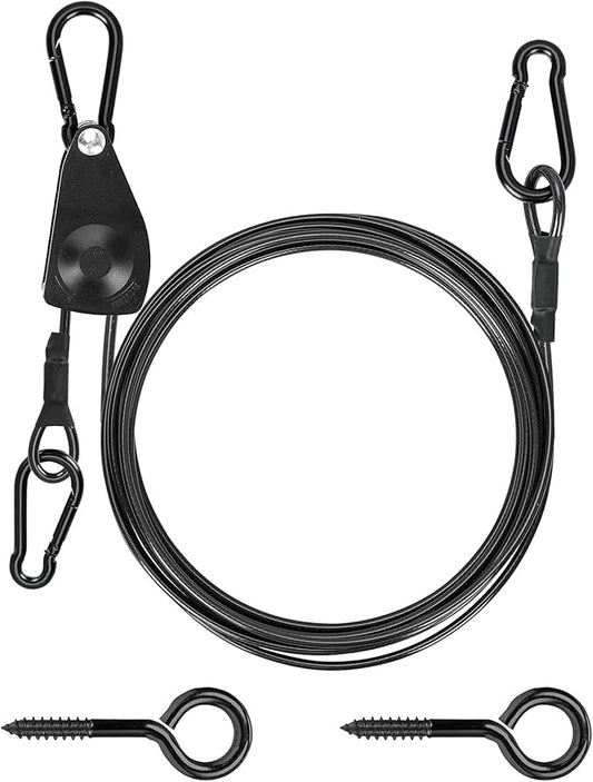 TooTaci 15ft Outdoor Clothesline Kit, 3/16" Black PVC Coated Wire Rope Heavy Duty Portable Clothes Line Kit with Self-Locking Pulley, Screw Hook & Snap Hook for Camping, Backyard, Balcony, Travel