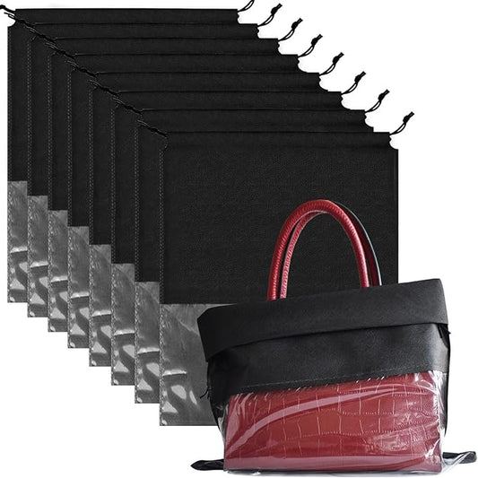8PCS Dust Bags for Handbags Jumbo Travel Shoe Bags Purses Organizers Storage Bags with Rope Clear Window Dustproof Drawstring Bag Storage Pouch for Men and Women - Black, 23.6 x 19.7 in