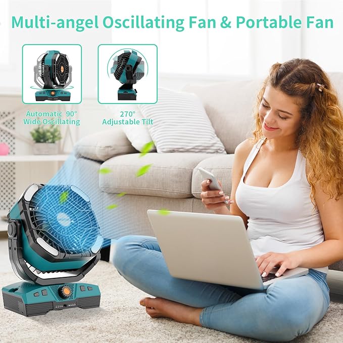 Camping Fan Portable 20000mAh Oscillating Battery Powered Fan Rechargeable Camping essentials Tent Light Hook 270° Pivot Battery Operated USB Desk X68 Cyan