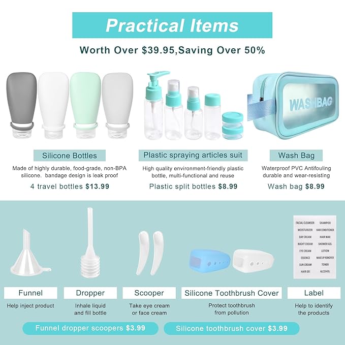 18 Pcs Travel Bottles Set for Toiletries, TSA Approved Travel Size Containers with Bandage Silicone Squeezable for Shampoo Conditioner Lotion Body Wash (Multicolour+Blue Bag)