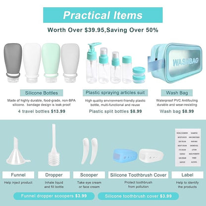 18 Pcs Travel Bottles Set for Toiletries, TSA Approved Travel Size Containers with Bandage Silicone Squeezable for Shampoo Conditioner Lotion Body Wash (Multicolour+Blue Bag)
