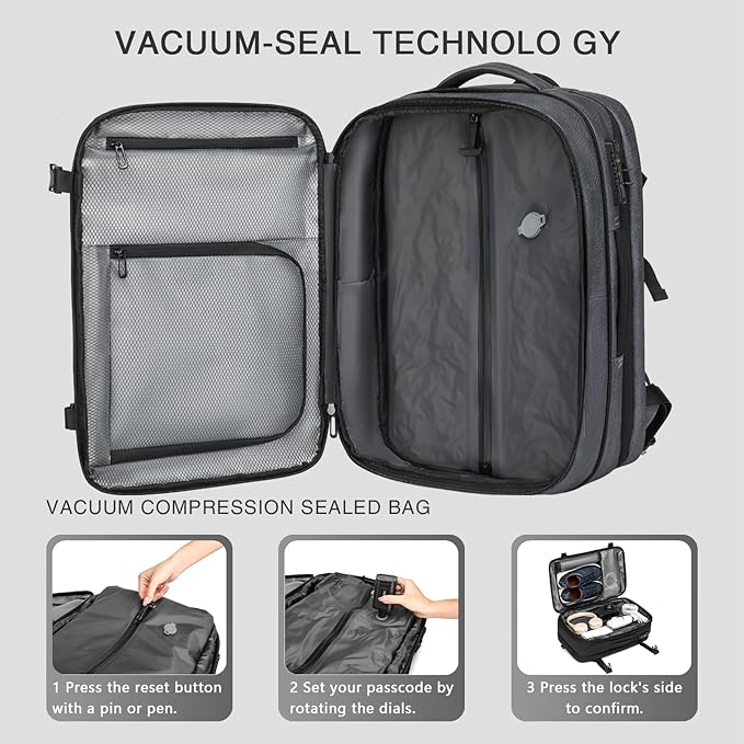 Vacuum Seal Travel Backpack 45L - Expandable Air Compression System, Water-Resistant, Carry-On Suitcase Luggage with TSA Lock Fits 18" Laptop - Vacuum Pump Included(Grey)