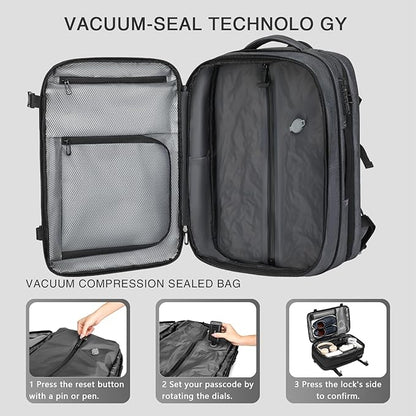 Vacuum Seal Travel Backpack 45L - Expandable Air Compression System, Water-Resistant, Carry-On Suitcase Luggage with TSA Lock Fits 18" Laptop - Vacuum Pump Included(Grey)