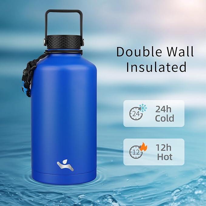 Insulated Water Bottle with Straw,87 oz 3 Lids Water Jug with Carrying Bag,Paracord Handle,Double Wall Vacuum Stainless Steel Metal Flask,Blue