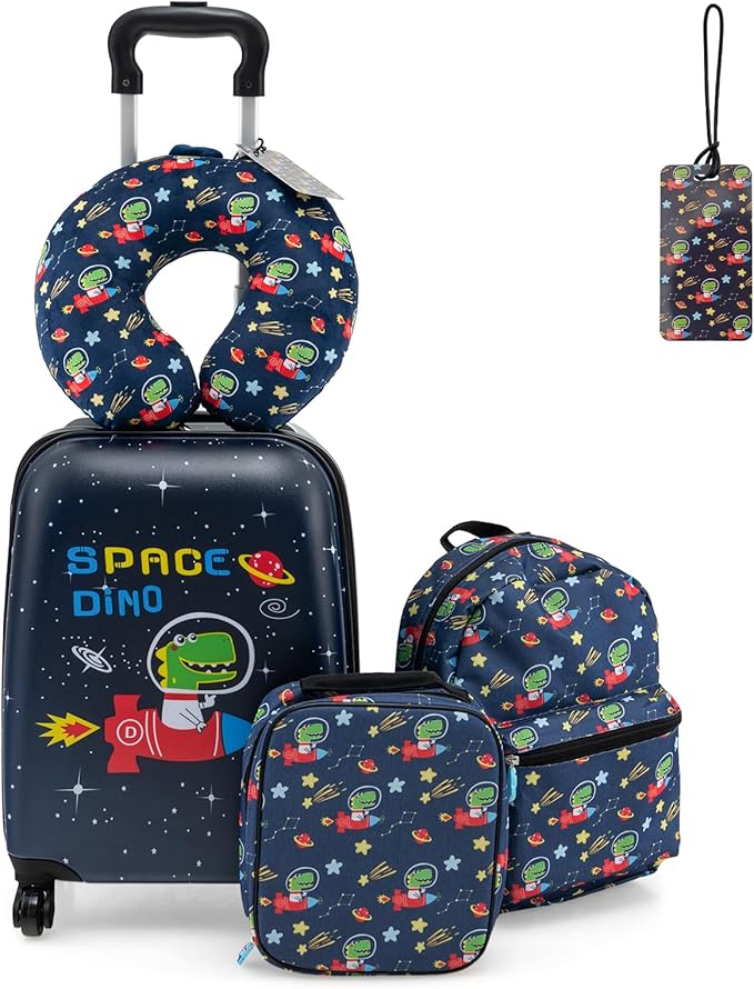Goplus 5 Piece Kid’s Luggage Set, 16” Carry on Suitcase w/13” Backpack, Neck Pillow, Hardside Spinner Toddler Luggage, Travel Rolling Suitcase for Boys Girls Gifts (Navy, Space Dino)