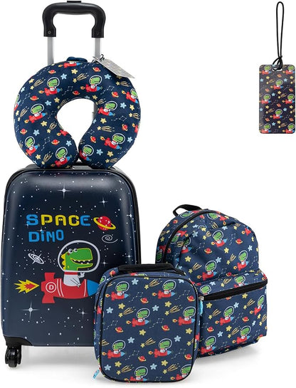 Goplus 5 Piece Kid’s Luggage Set, 16” Carry on Suitcase w/13” Backpack, Neck Pillow, Hardside Spinner Toddler Luggage, Travel Rolling Suitcase for Boys Girls Gifts (Navy, Space Dino)