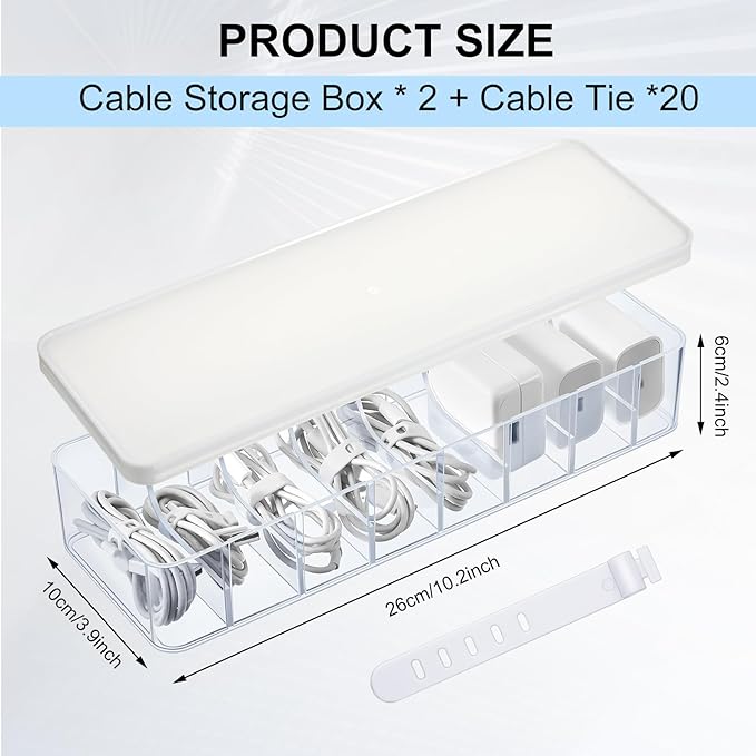 Tatuo 2 Pcs Cable Organizer Box with Wire Ties, Plastic Cord Storage Box with Lid, Electronics Organizer for Home Office Desk Organizers and Accessories (Clear,White)