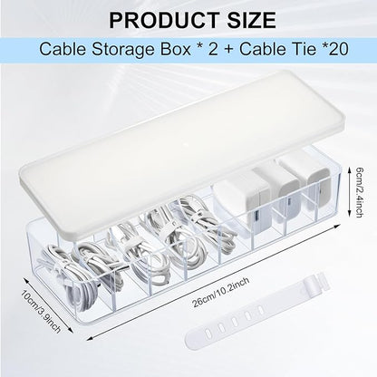 Tatuo 2 Pcs Cable Organizer Box with Wire Ties, Plastic Cord Storage Box with Lid, Electronics Organizer for Home Office Desk Organizers and Accessories (Clear,White)