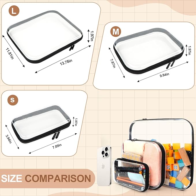 3PCS Clear Hard Shell Zipper Case,Toy Organizers and Storage Box,Clear Toiletry Cosmetic Case,Travel Makeup Bags, Diaper Bag Organizer,Pencil Case,Stackable Portable Transparent Zipper Pouches Black-M