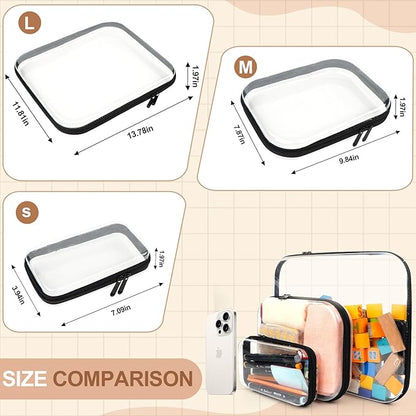 3PCS Clear Hard Shell Zipper Case,Toy Organizers and Storage Box,Clear Toiletry Cosmetic Case,Travel Makeup Bags, Diaper Bag Organizer,Pencil Case,Stackable Portable Transparent Zipper Pouches Black-M