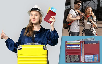 Red RFID Genuine Leather Passport Wallet