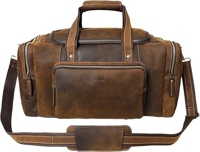 Leather Travel Bag with Trolley Strap,s Adjustable Shoulder Strap, Laundry Bag Travel Duffel Bag 22x11x12 by De Lira