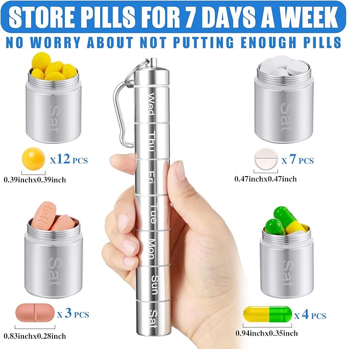 Vesici 2 Pack Metal Weekly Pill Organizer Travel Pill Container with Keychain 7 Day Weekly Waterproof Small Capsules Holder Case Box Stackable for Women Men Travel Outdoor(Black, Silver)