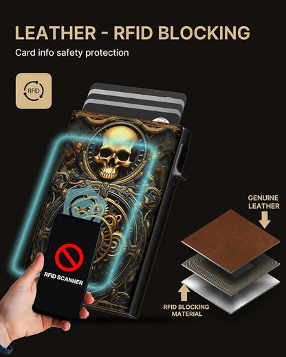 typecase Mens Wallet Card Holder: Pop Up Aluminum Case, Carbon Fiber Leather, Smart, RFID Blocking, Slim, Minimalist, Front Pocket - 9-14 Card Capacity | ID Window | Cash Slot (Skull)