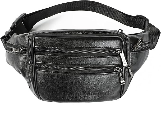 Black Leather Fanny Pack for Men & Women, Fashionable Multi-Pockets Waist Belt Bag for Travel Sports Hiking Cycling Fishing Running
