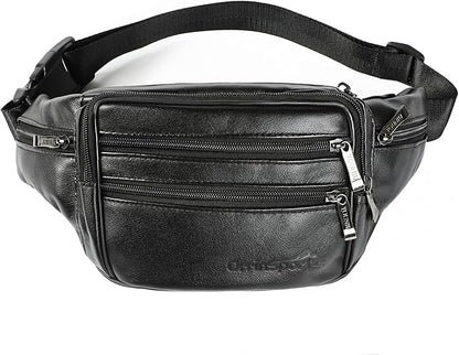 Black Leather Fanny Pack for Men & Women, Fashionable Multi-Pockets Waist Belt Bag for Travel Sports Hiking Cycling Fishing Running