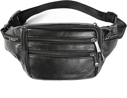 Black Leather Fanny Pack for Men & Women, Fashionable Multi-Pockets Waist Belt Bag for Travel Sports Hiking Cycling Fishing Running