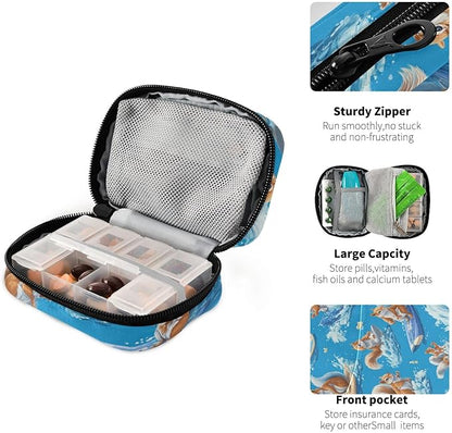 Blue Squirrel Surfing Travel Pill Organizer Case Box Container Weekly Portable Vitamin Medicine Holder Storage Bag with Zipper Removable