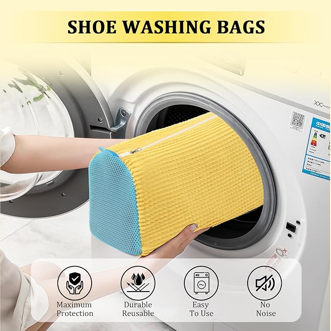2 Pcs Shoe Washing Machine Bag Sneaker Laundry Bags For washers, Cleaned 360° Mesh Pouch Reusable & Durable Laundry Shoe Bag Side Zipper, Suitable for Washing Machine and Dryer (yellow)