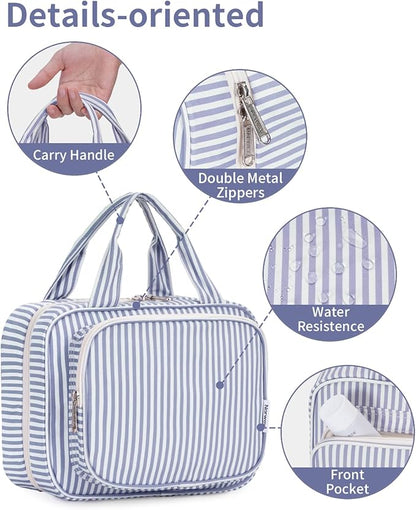 Narwey Striped Hanging Toiletry Bag for Women Travel Makeup Bag Organizer Toiletries Bag for Travel Size Essentials Accessories Cosmetics (Greyish Blue Stripe (Medium))