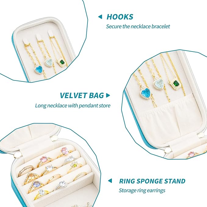 Small Travel Jewelry Organizers Box for women with PU Leather Portable Mini Jewelry Case with compartments for Necklace Rings Earrings,Luxury Giftable boxes. (Blue green, M)