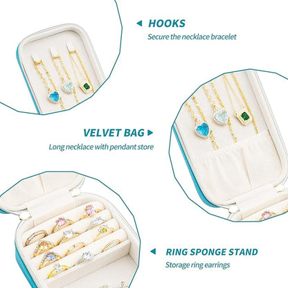 Small Travel Jewelry Organizers Box for women with PU Leather Portable Mini Jewelry Case with compartments for Necklace Rings Earrings,Luxury Giftable boxes. (Blue green, M)
