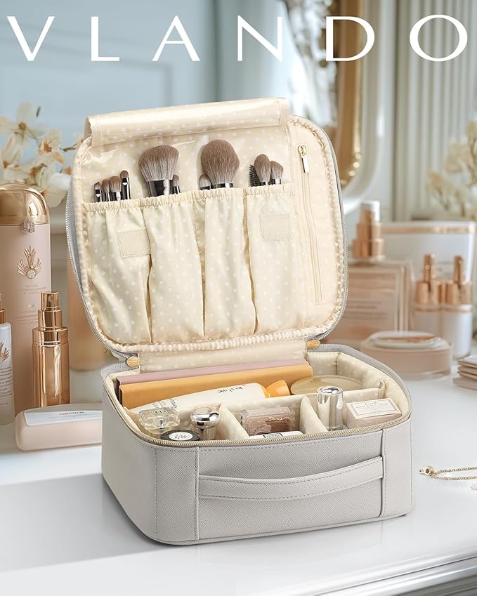 Vlando Travel Makeup Cosmetic Case Organizer Portable Storage Bag with Adjustable Dividers for Cosmetics Makeup brushes, girls, women, friends.（gray）