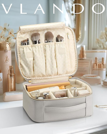 Vlando Travel Makeup Cosmetic Case Organizer Portable Storage Bag with Adjustable Dividers for Cosmetics Makeup brushes, girls, women, friends.（gray）