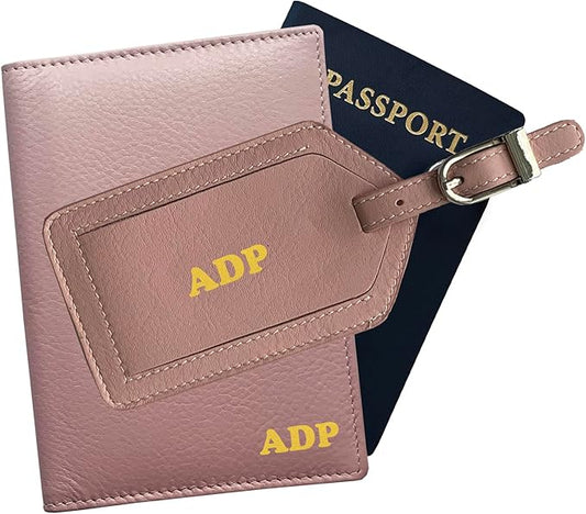 Personalized Monogrammed Blush Leather RFID Passport Wallet and Luggage Tag
