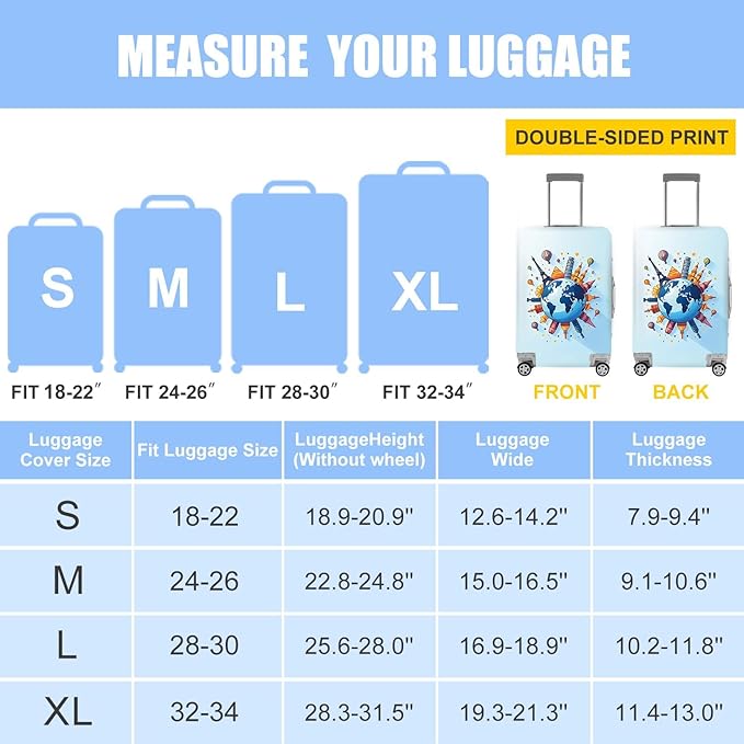 Luggage Cover - World Travel Themed Suitcase Protector with Iconic Landmarks and Hot Air Balloons - Durable, Elastic, and Stylish Design for Travel Bags,M