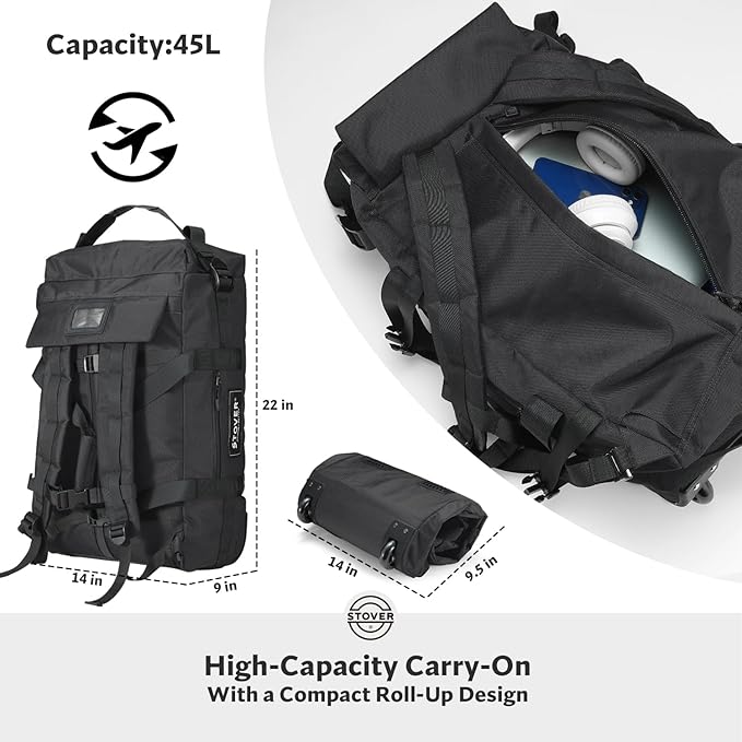 STOVER 45L Carry-On Rolling Duffel Bag with Wheels, Medium Durable Travel Duffle w/Toiletry Bag, Heavy-Duty, Packable, Foldable with Shoulder Straps- Use as Luggage or Backpack, Men/Women (Black)