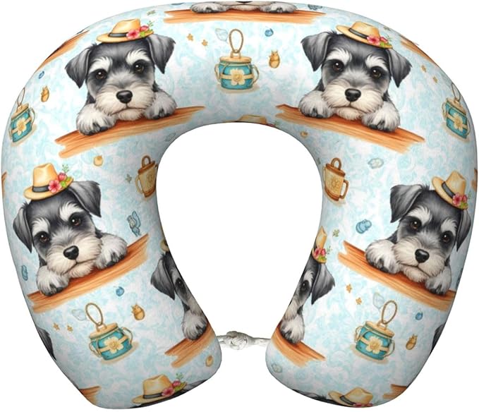 Travel Pillow Chin Neck Support, Comfortable Airplane Car Pillows for Rest, Memory Foam U Shaped Office Home Nap Sleeping Cushion Schnauzer Cute Dog