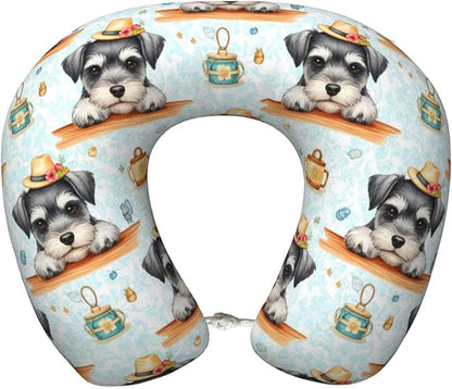 Travel Pillow Chin Neck Support, Comfortable Airplane Car Pillows for Rest, Memory Foam U Shaped Office Home Nap Sleeping Cushion Schnauzer Cute Dog