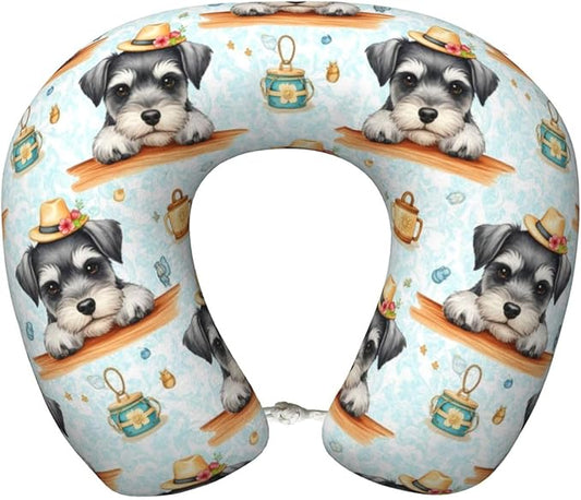 Travel Pillow Chin Neck Support, Comfortable Airplane Car Pillows for Rest, Memory Foam U Shaped Office Home Nap Sleeping Cushion Schnauzer Cute Dog