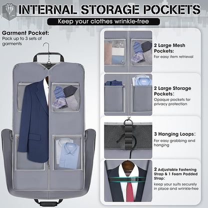 RAINSMORE Garment Bags for Travel Carry On Garment Bag for Hanging Clothes, Suit Bag for Business Trips with Shoes bag & Shoulder Strap, Waterproof Foldable Suit Luggage Bag for Men Women, Gray