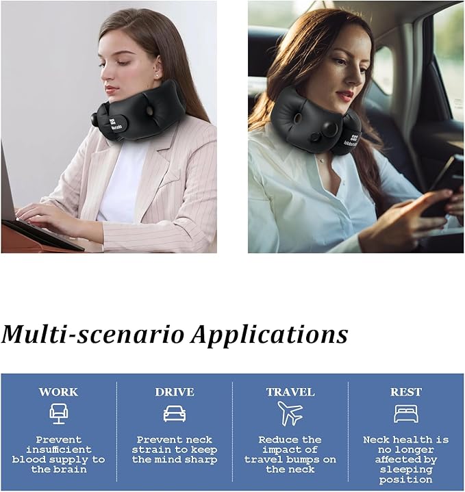 Inflatable Neck Pillow, Portable Travel Neck Pillow for Long Flight, Storable Black Neck Pillows with Washable Cover, Adjustable Air-Fill Support