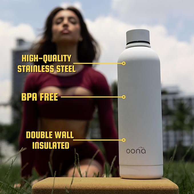 OONA Stainless Steel Water Bottle 25 oz, BPA-Free, Leak-Proof Insulated Water Bottle, Carrying Loop, Double Wall Vacuum Insulation, Keeps Drinks Hot or Cold for 12 Hours, Travel Friendly (White)