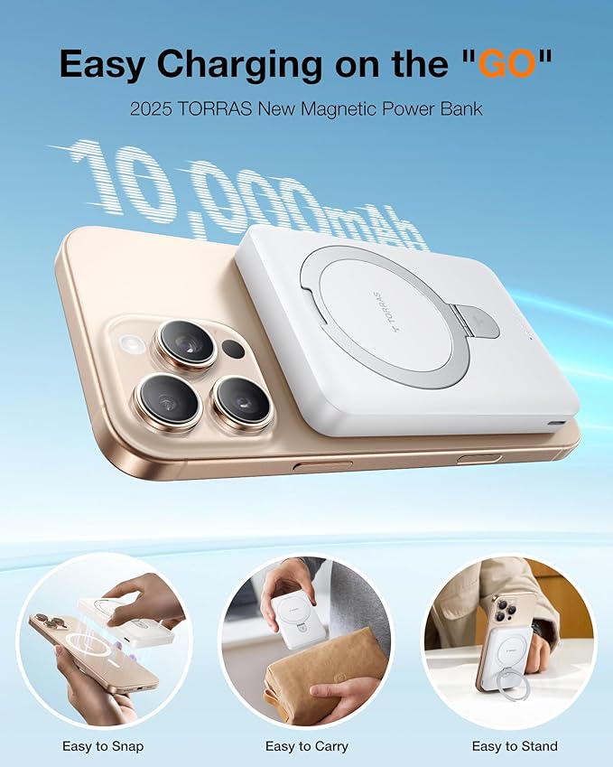 TORRAS EasyGo 10000mAh Magnetic Portable Charger Power Bank for iPhone, Fast Charging Travel Essential Wireless Battery Pack with Stand Compatible with Magsafe, 17 Pro Max,Pro,16,15,14,13,12, White