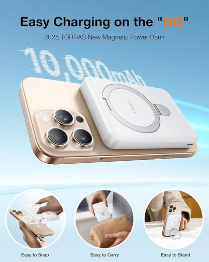 TORRAS EasyGo 10000mAh Magnetic Portable Charger Power Bank for iPhone, Fast Charging Travel Essential Wireless Battery Pack with Stand Compatible with Magsafe, 17 Pro Max,Pro,16,15,14,13,12, White