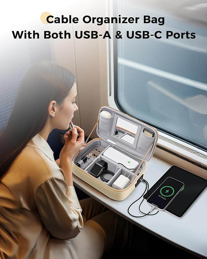 MATEIN Hardcase Electronics Organizer for Women, Hardshell Tech Travel Bag Shockproof Portable Cable Organizer Bag, Waterproof Electronics Travel Case for Cord, Charger, Power Bank, Apricot