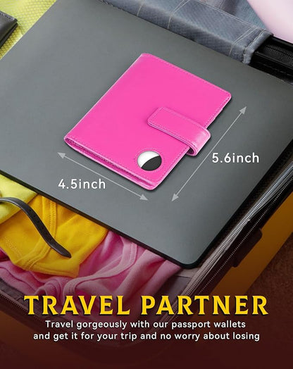 Passport Holder Wallet Cover Case for Women and Men,RFID Blocking,Passport Case with AirTag Holder,Travel Accessories (Pink)