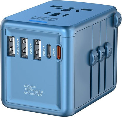 35W PD Universal Travel Adapter Fast Charging Offers 3X2.4A USB-A Ports, 2X USB-C Ports and Multi AC Outlet, International Plug Converter Worldwide Travel Charger All in One for EU US UK AUS