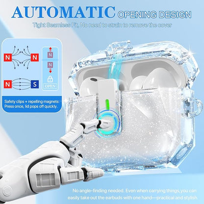 R-fun for AirPods Pro 3 Case (2025) Cover with Cleaning Kit, Military-Grade Shockproof Transparent Non-Yellowing, Auto Pop-Up Lid Design for AirPods Pro 3rd Generation Case, Glitter