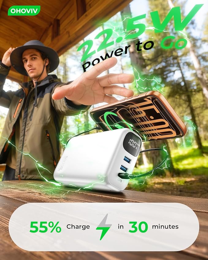 Portable Charger 50000mAh Power Bank - 22.5W Fast Charging External Battery Pack,USB-C Portable Phone Charger for iPhone 17/16/15/14/13 Pro Android Samsung, for Travel Camping Essential-White