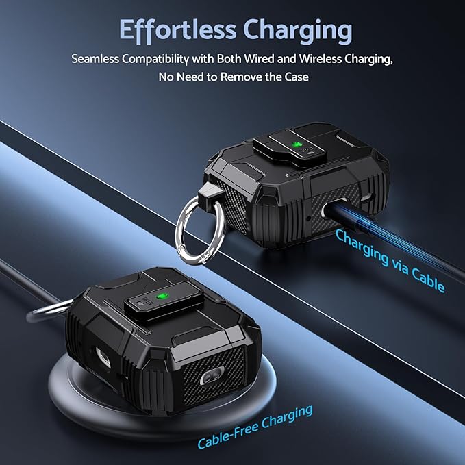 DASFOND Armor Earphone Cover Case for Airpods Pro 2, Military Grade Full Body Shockproof Protection Hard Case, Support Wireless Charging with Keychain, Magnetic Lid, Front LED Visible, Black