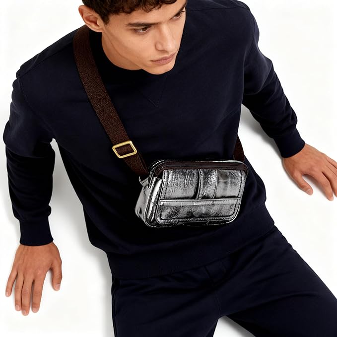 Compact Genuine Leather Waist Pack for Men Phone Fanny Pack Small Chest Messenger Bag with Adjustable Belt Gifts for Men (Silver)